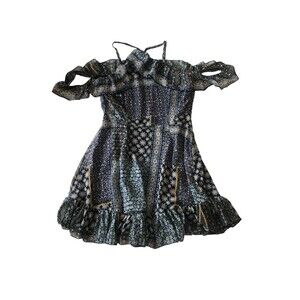 Romeo Juliet Couture Womens Dress High Neck Cold Shoulder Blue Patchwork Medium